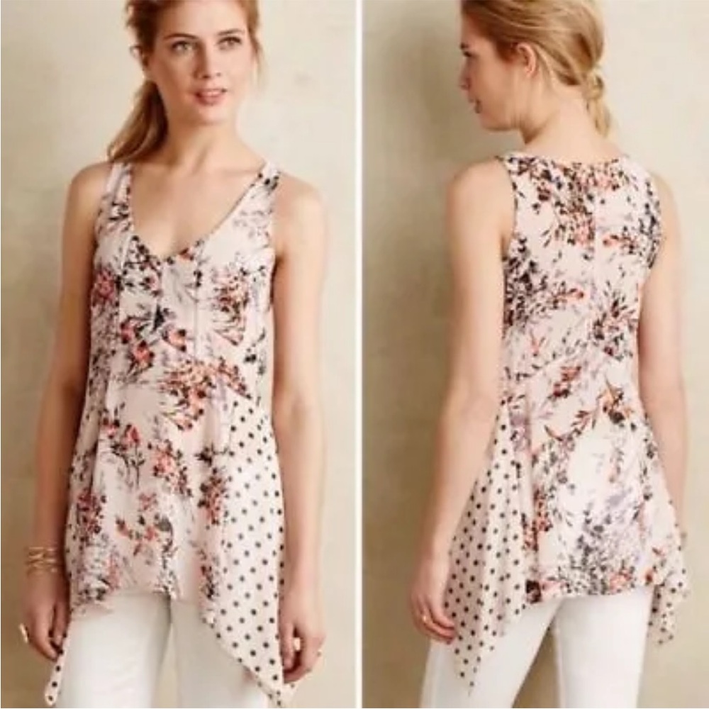 Vanessa Virginia Anthropologie Garden Pop Floral Polka Dot Sheer Pink Tank Sz XS